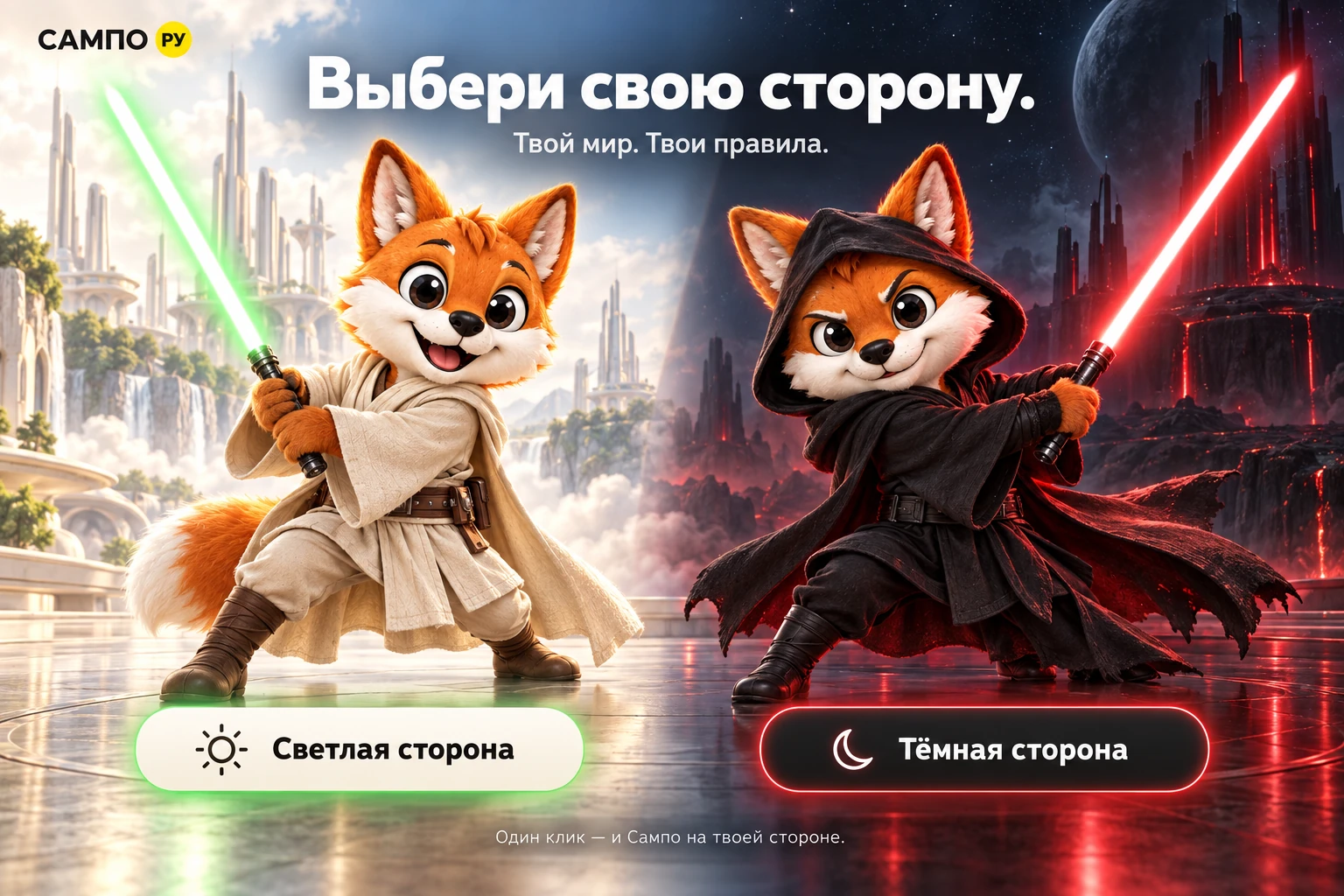Два лисёнка: светлая и тёмная сторона. Выберите оформление сайта.